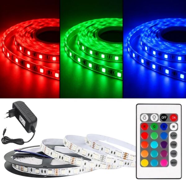 RGB LED Şerit Seti, 16 Renk Kumandalı, Renk Değiştiren LED Aydınlatma, Adaptörlü SB-6544