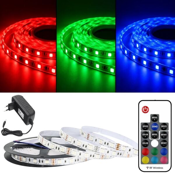 RGB LED Şerit Seti, 20 Renk RF Kumandalı, Renk Değiştiren LED Aydınlatma, Adaptörlü SB-6545