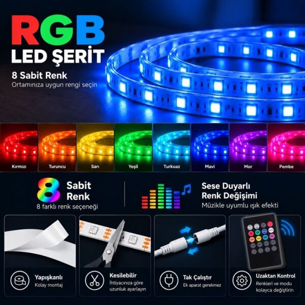 RGB LED Şerit Seti, 8 Renk Sese Duyarlı, Kumandalı, Müzik Senkronizasyonlu, Adaptörlü SB-6546