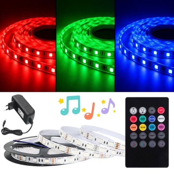 RGB LED Şerit Seti, 8 Renk Sese Duyarlı, Kumandalı, Müzik Senkronizasyonlu, Adaptörlü SB-6546