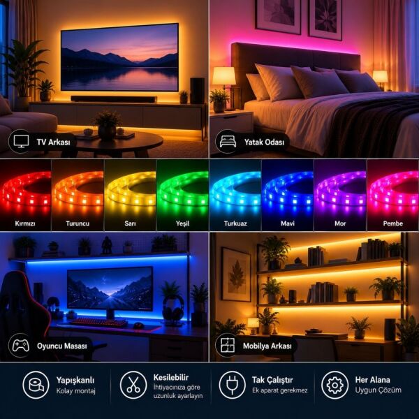 RGB LED Şerit Seti, 8 Renk Sese Duyarlı, Kumandalı, Müzik Senkronizasyonlu, Adaptörlü SB-6546