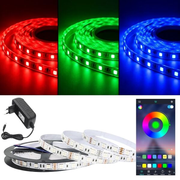 RGB LED Şerit Seti, 256 Renk Bluetooth Kontrollü, Akıllı LED Aydınlatma, Uygulama Kontrollü, Adaptörlü SB-6547