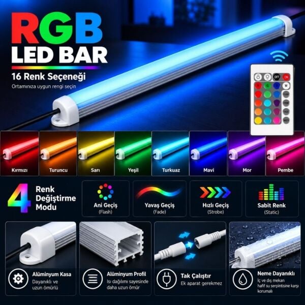 RGB Çubuk Bar LED Seti 16 Renk Kumandalı Renk Değiştiren LED Işık Dekoratif Aydınlatma SB-6540