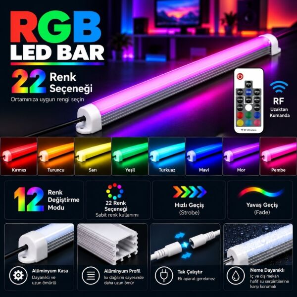 RGB Çubuk Bar LED Seti 20 Renk RF Kumandalı Renk Değiştiren LED Işık Dekoratif Aydınlatma SB-6542