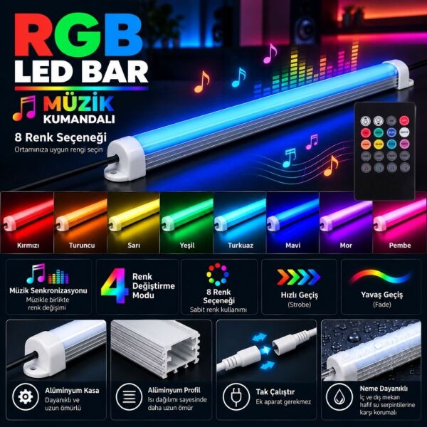 Sese Duyarlı RGB Çubuk Bar LED Seti, 8 Renk Kumandalı Renk Değiştiren LED Işık SB-6541