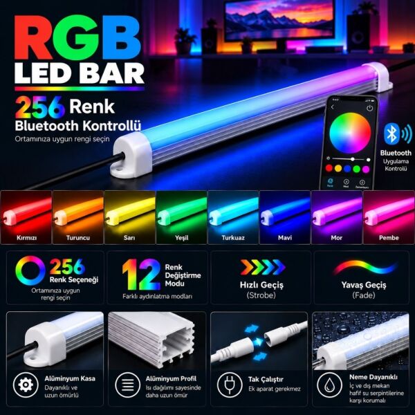 RGB Çubuk Bar LED Seti Bluetooth Kontrollü Renk Değiştiren LED Işık Dekoratif Aydınlatma SB-6543