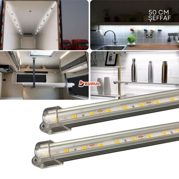 SB-6550 - 2 Adet Alüminyum Kasa Çubuk Led 12 Volt Beyaz Işık 50 Cm Şeffaf Karavan Tekne Otomobil