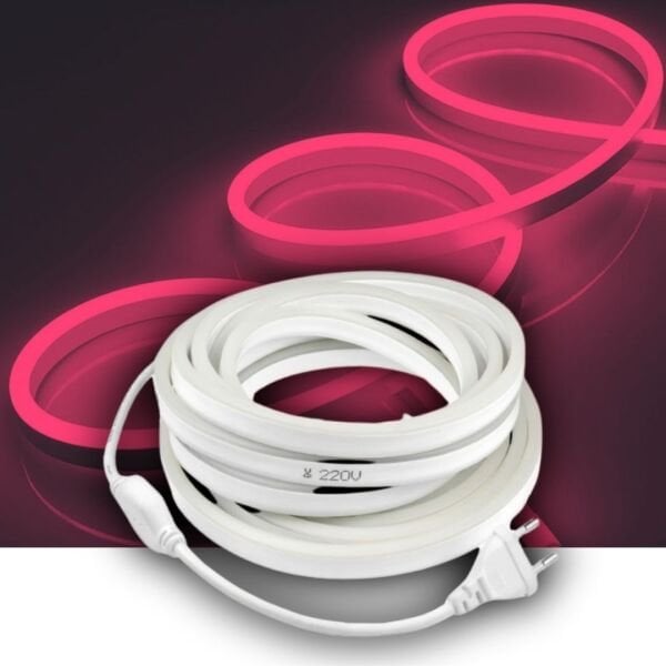 Pembe Neon Şerit Led Fişli 220v Esnek Dış Mekan, Bahçe, Açık Alan Dekoratif Aydınlatma