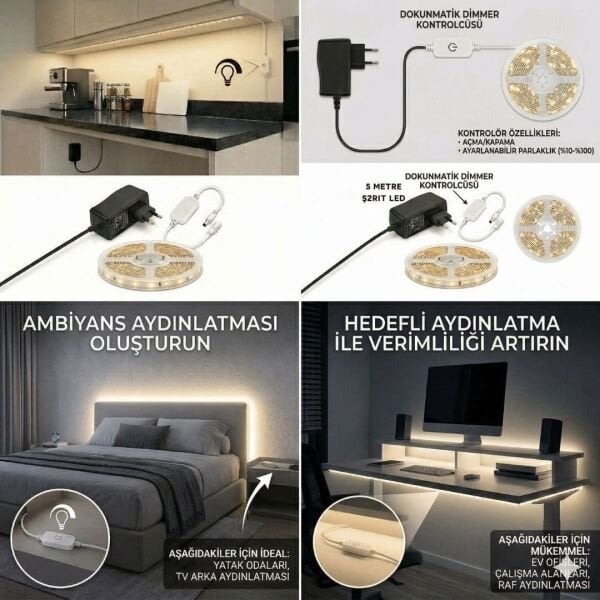 5 Metre Şerit Led Işık Seti - Dimmer Butonlu - Mutfak Tezgahı, Raf ve Tv Ünitesi Aydınlatma Gün Işığı