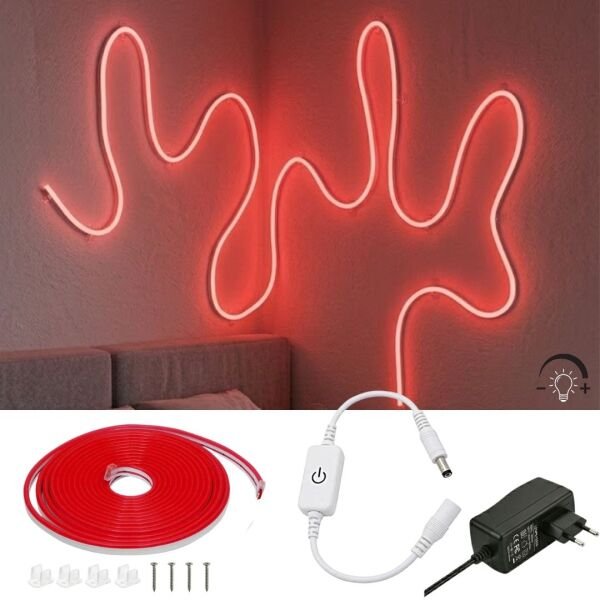 Neon Led Şerit Işık 5 Metre Dimmer Buton Dekoratif Ambiyans Aydınlatma Kırmızı