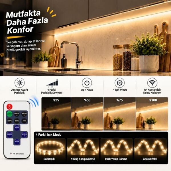 Şerit LED Kumandalı Dimmerli 5 Metre Mutfak Dolabı Tezgah Altı Aydınlatma LED Işık SB-6557 Gün Işığı