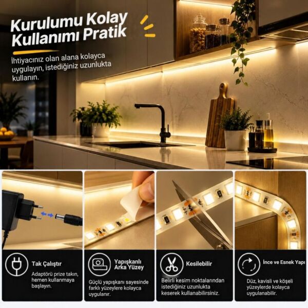 Şerit LED Kumandalı Dimmerli 5 Metre Mutfak Dolabı Tezgah Altı Aydınlatma LED Işık SB-6557 Gün Işığı
