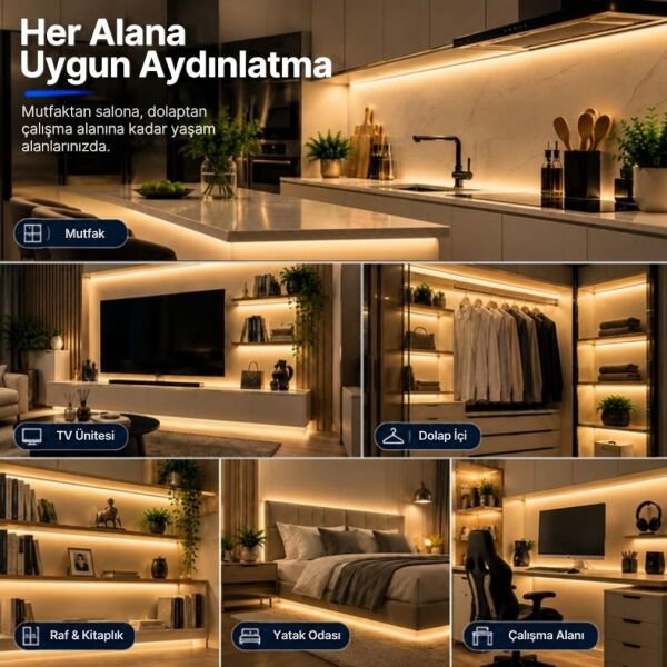 Şerit LED Kumandalı Dimmerli 5 Metre Mutfak Dolabı Tezgah Altı Aydınlatma LED Işık SB-6557 Gün Işığı