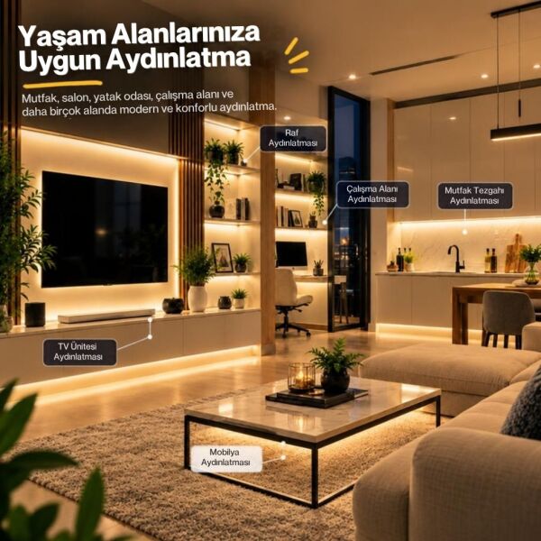 Şerit LED Kumandalı Dimmerli 5 Metre Mutfak Dolabı Tezgah Altı Aydınlatma LED Işık SB-6557 Gün Işığı