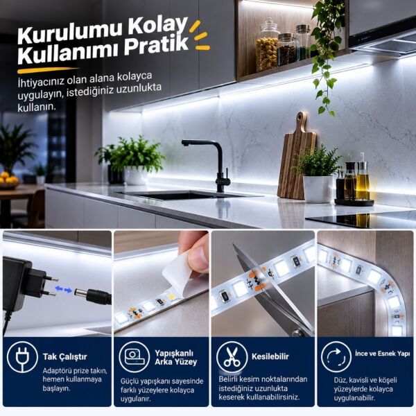 Şerit LED Kumandalı Dimmerli 5 Metre Mutfak Dolabı Tezgah Altı Aydınlatma LED Işık SB-6557 Beyaz