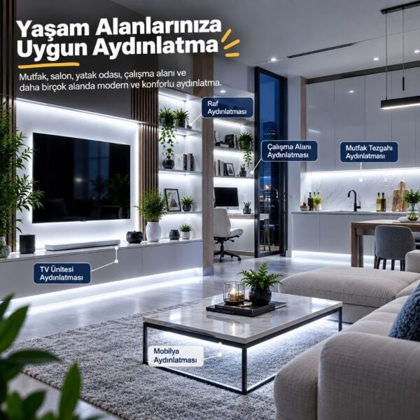 Şerit LED Kumandalı Dimmerli 5 Metre Mutfak Dolabı Tezgah Altı Aydınlatma LED Işık SB-6557 Beyaz