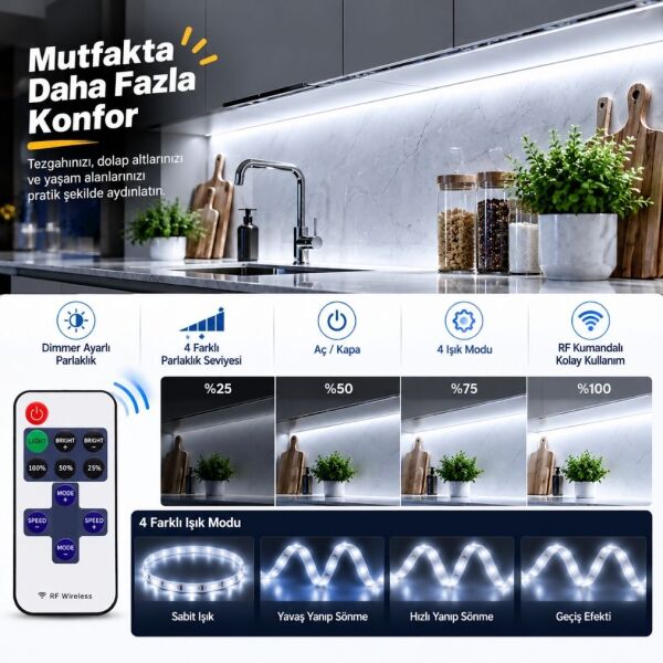 Şerit LED Kumandalı Dimmerli 5 Metre Mutfak Dolabı Tezgah Altı Aydınlatma LED Işık SB-6557