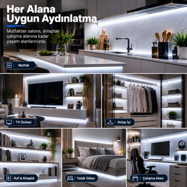 Şerit LED Kumandalı Dimmerli 5 Metre Mutfak Dolabı Tezgah Altı Aydınlatma LED Işık SB-6557