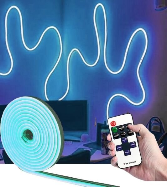 5 Metre Esnek Neon Led Şerit Dimmer Kumandalı Dekoratif Aydınlatma Seti Buz Mavi