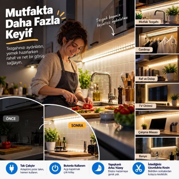 Şerit LED 5 Metre Mutfak Dolabı Tezgah Altı Aydınlatma Adaptörlü Butonlu Tak Çalıştır SB-6556 Gün Işığı