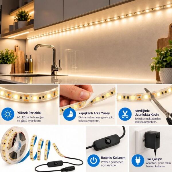 Şerit LED 5 Metre Mutfak Dolabı Tezgah Altı Aydınlatma Adaptörlü Butonlu Tak Çalıştır SB-6556 Gün Işığı