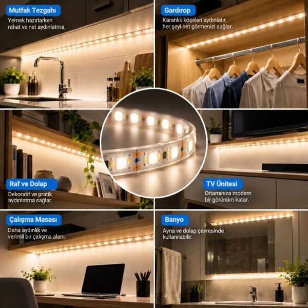 Şerit LED 5 Metre Mutfak Dolabı Tezgah Altı Aydınlatma Adaptörlü Butonlu Tak Çalıştır SB-6556 Gün Işığı