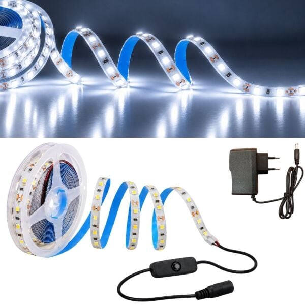 Şerit LED 5 Metre Mutfak Dolabı Tezgah Altı Aydınlatma Adaptörlü Butonlu Tak Çalıştır SB-6556 Beyaz