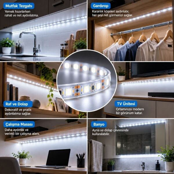 Şerit LED 5 Metre Mutfak Dolabı Tezgah Altı Aydınlatma Adaptörlü Butonlu Tak Çalıştır SB-6556 Beyaz