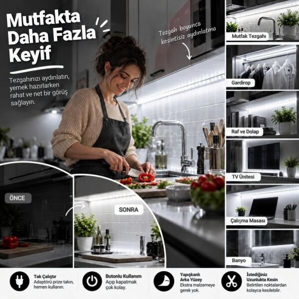 Şerit LED 5 Metre Mutfak Dolabı Tezgah Altı Aydınlatma Adaptörlü Butonlu Tak Çalıştır SB-6556 Beyaz