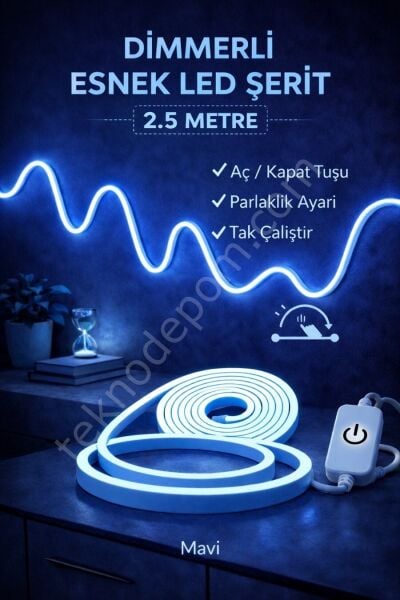Neon Led Şerit Işık 2.5 Metre Dimmerli Mavi – Esnek Led Şerit Dekoratif Işık Seti