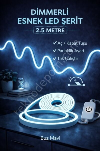 Neon Led Şerit Işık 2.5 Metre Dimmerli Buz Mavi – Esnek Led Şerit Dekoratif Işık Seti