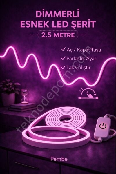 Neon Led Şerit Işık 2.5 Metre Dimmerli Pembe – Esnek Led Şerit Dekoratif Işık Seti