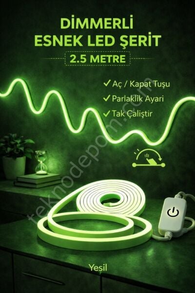 Neon Led Şerit Işık 2.5 Metre Dimmerli Yeşil – Esnek Led Şerit Dekoratif Işık Seti