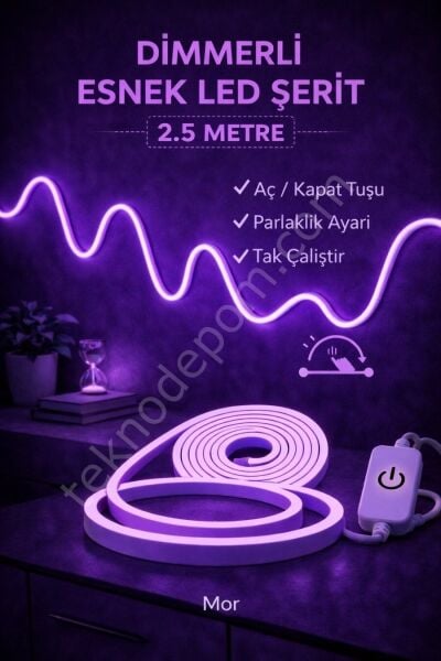 Neon Led Şerit Işık 2.5 Metre Dimmerli Mor – Esnek Led Şerit Dekoratif Işık Seti