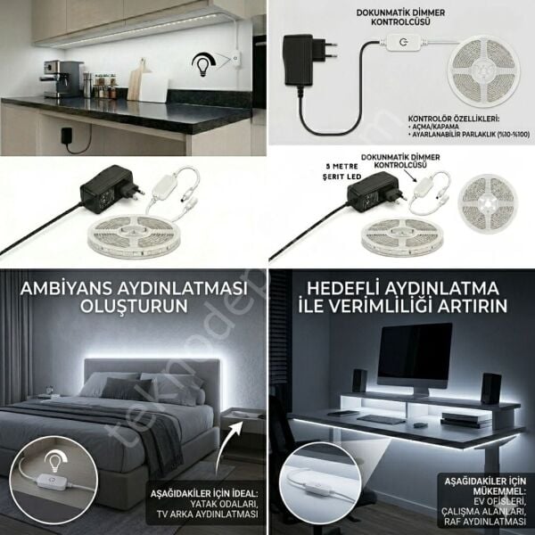 5 Metre Beyaz Şerit Led Işık Seti - Dimmer Butonlu ve Adaptörlü - Mutfak Tezgahı, Raf ve Tv Ünitesi Aydınlatma Gün Işığı
