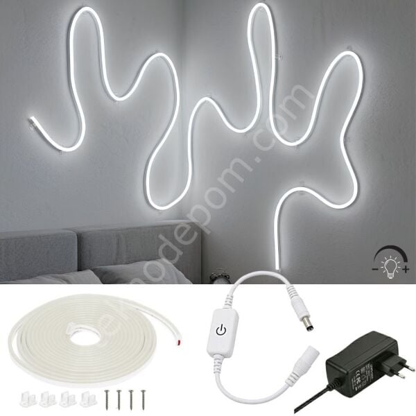 Esnek Neon Led Şerit Işık 5 Metre Beyaz Dimmer Buton Dekoratif Ambiyans Aydınlatma