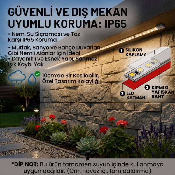 Şerit LED Gün Işığı 220V Yüksek Parlaklık, 120 LED/m, Tak Çalıştır, Fişli Anahtarlı, Silikonlu İç/Dış Mekan, Yapışkanlı, Mutfak, Tezgah Altı, Mobilya, Asma Tavan, Bahçe, SB-6508