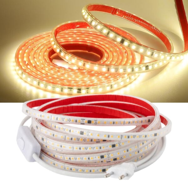 Şerit LED Gün Işığı 220V Yüksek Parlaklık, 120 LED/m, Tak Çalıştır, Fişli Anahtarlı, Silikonlu İç/Dış Mekan, Yapışkanlı, Mutfak, Tezgah Altı, Mobilya, Asma Tavan, Bahçe, SB-6508