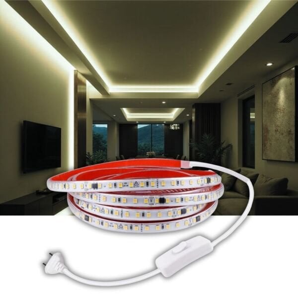 Beyaz Hortum Şerit Led Yapışkanlı 220v Yüksek Lümen Işık Anahtarlı ve Fişli