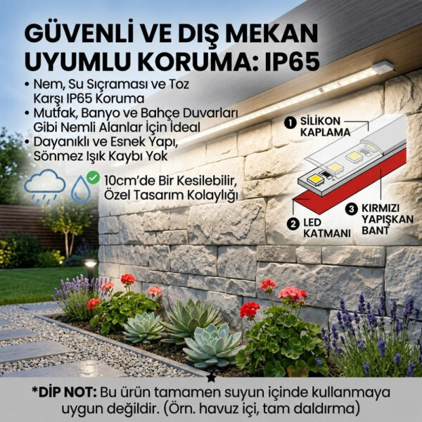 Şerit LED Beyaz 220V Yüksek Parlaklık, 120 LED/m, Tak Çalıştır, Fişli Anahtarlı, Silikonlu İç/Dış Mekan, Yapışkanlı, Mutfak, Tezgah Altı, Mobilya, Asma Tavan, Bahçe, SB-6508