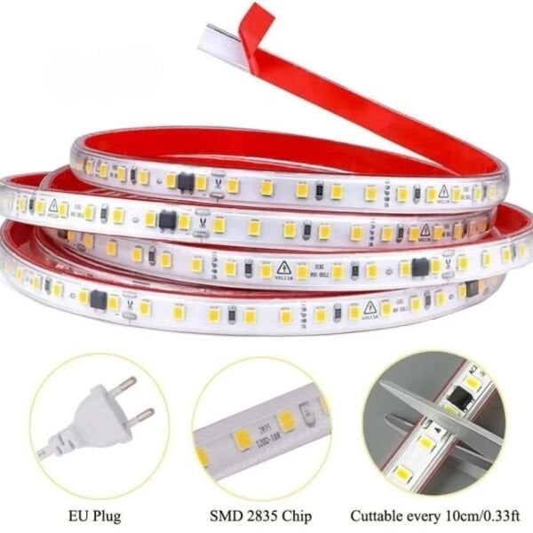 Beyaz Hortum Şerit Led Yapışkanlı 220v Yüksek Lümen Işık Anahtarlı ve Fişli