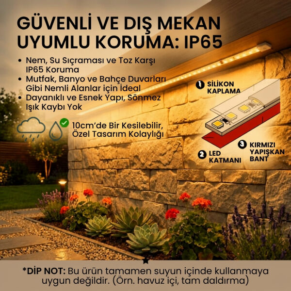 Şerit LED Amber 220V Yüksek Parlaklık, 120 LED/m, Tak Çalıştır, Fişli Anahtarlı, Silikonlu İç/Dış Mekan, Yapışkanlı, Mutfak, Tezgah Altı, Mobilya, Asma Tavan, Bahçe, SB-6508