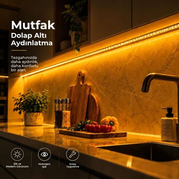 Şerit LED Amber 220V Yüksek Parlaklık, 120 LED/m, Tak Çalıştır, Fişli Anahtarlı, Silikonlu İç/Dış Mekan, Yapışkanlı, Mutfak, Tezgah Altı, Mobilya, Asma Tavan, Bahçe, SB-6508