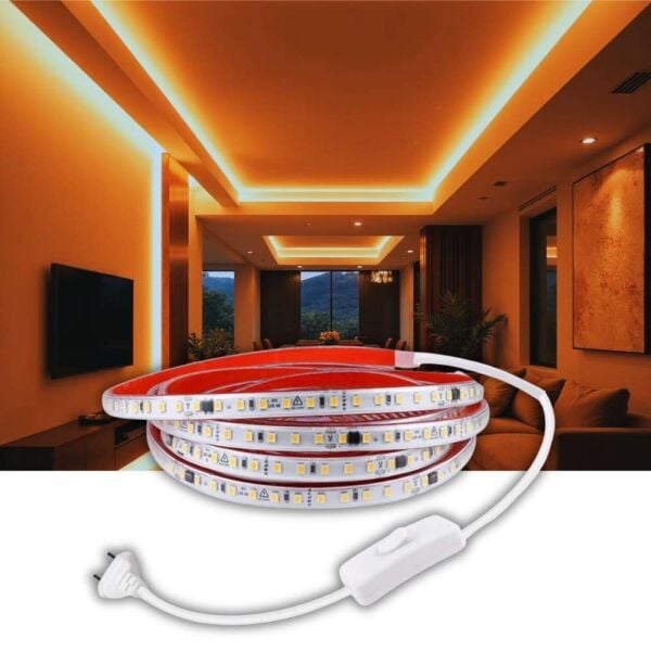 Amber Hortum Şerit Led Yapışkanlı 220v Yüksek Lümen Işık Anahtarlı ve Fişli