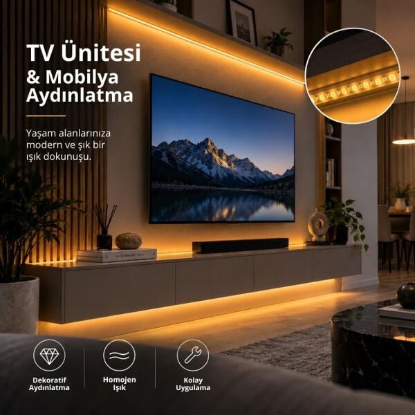 Şerit LED Amber 220V Yüksek Parlaklık, 120 LED/m, Tak Çalıştır, Fişli Anahtarlı, Silikonlu İç/Dış Mekan, Yapışkanlı, Mutfak, Tezgah Altı, Mobilya, Asma Tavan, Bahçe, SB-6508