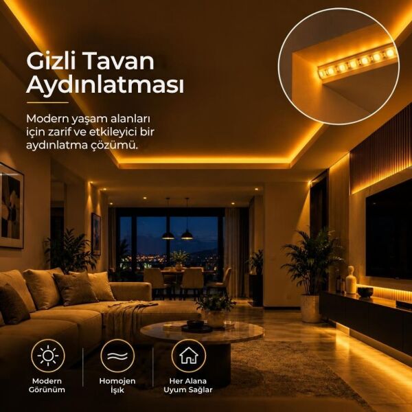 Şerit LED Amber 220V Yüksek Parlaklık, 120 LED/m, Tak Çalıştır, Fişli Anahtarlı, Silikonlu İç/Dış Mekan, Yapışkanlı, Mutfak, Tezgah Altı, Mobilya, Asma Tavan, Bahçe, SB-6508