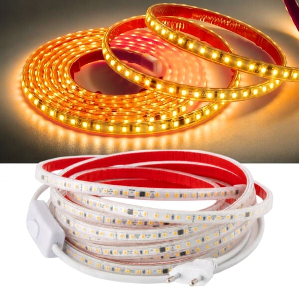 Şerit LED Amber 220V Yüksek Parlaklık, 120 LED/m, Tak Çalıştır, Fişli Anahtarlı, Silikonlu İç/Dış Mekan, Yapışkanlı, Mutfak, Tezgah Altı, Mobilya, Asma Tavan, Bahçe, SB-6508