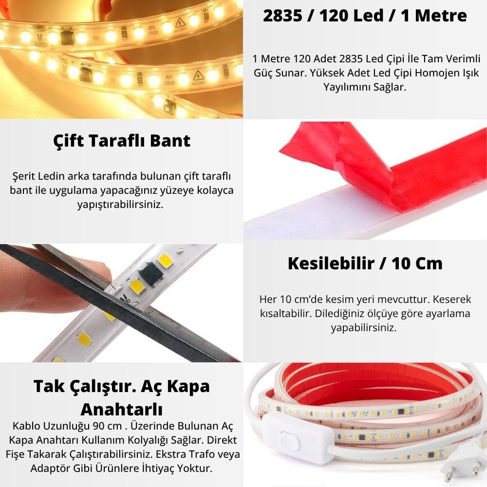 Beyaz Hortum Şerit Led Yapışkanlı 220v Yüksek Lümen Işık Anahtarlı ve Fişli 20 Metre