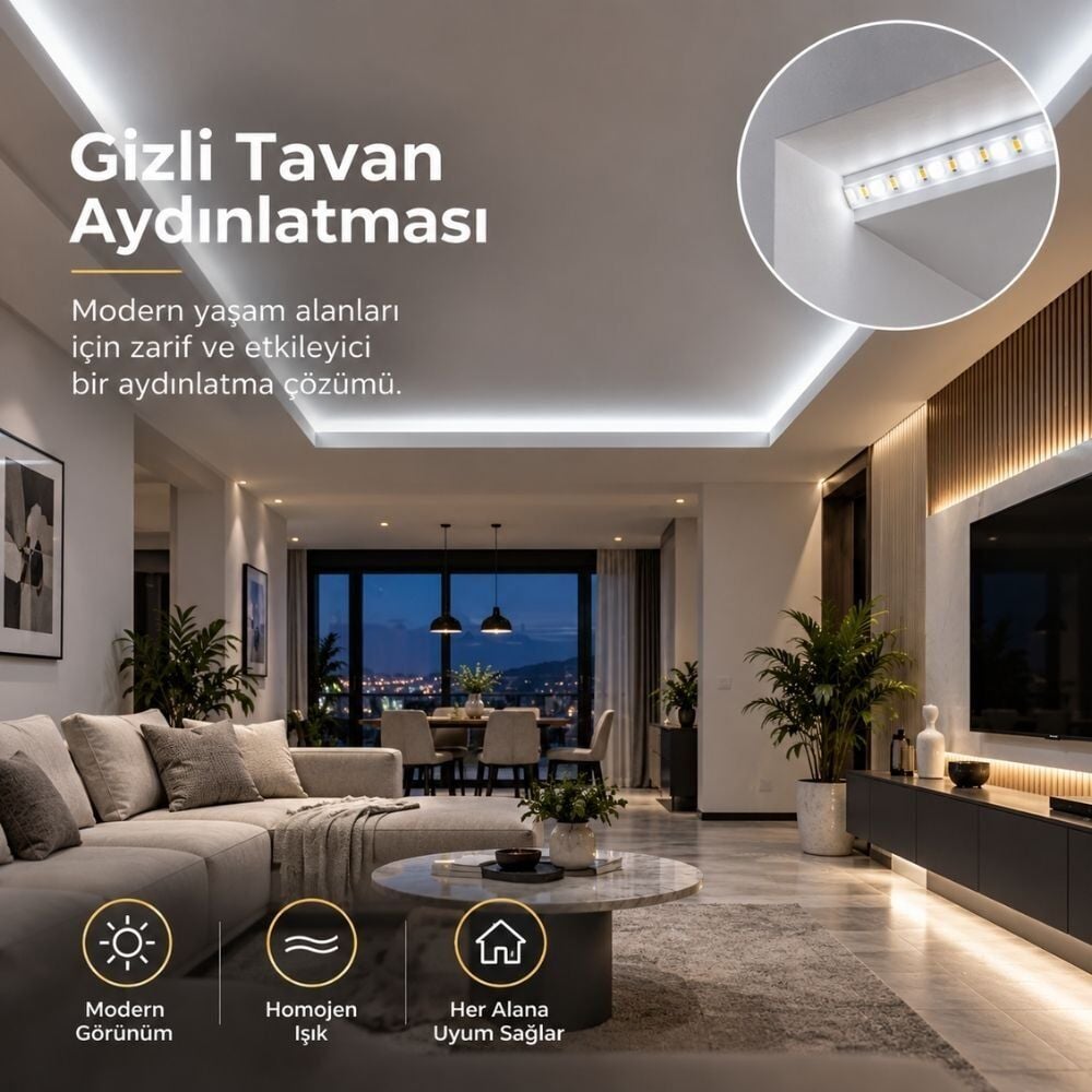 Beyaz Hortum Şerit Led Yapışkanlı 220v Yüksek Lümen Işık Anahtarlı ve Fişli 20 Metre