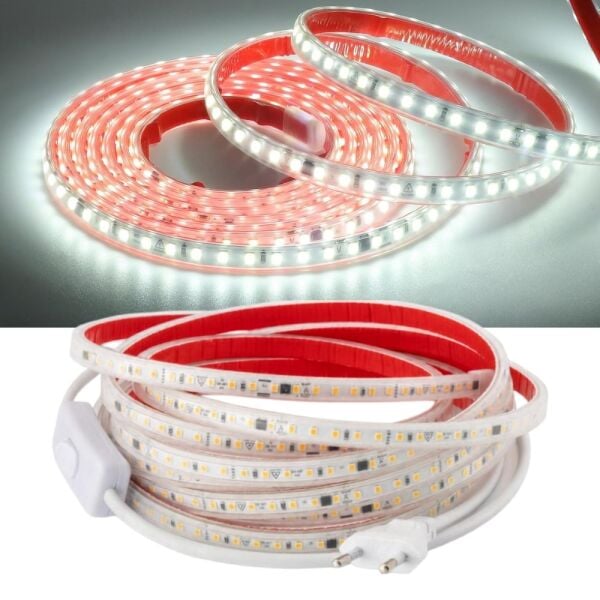 Beyaz Hortum Şerit Led Yapışkanlı 220v Yüksek Lümen Işık Anahtarlı ve Fişli 40 Metre